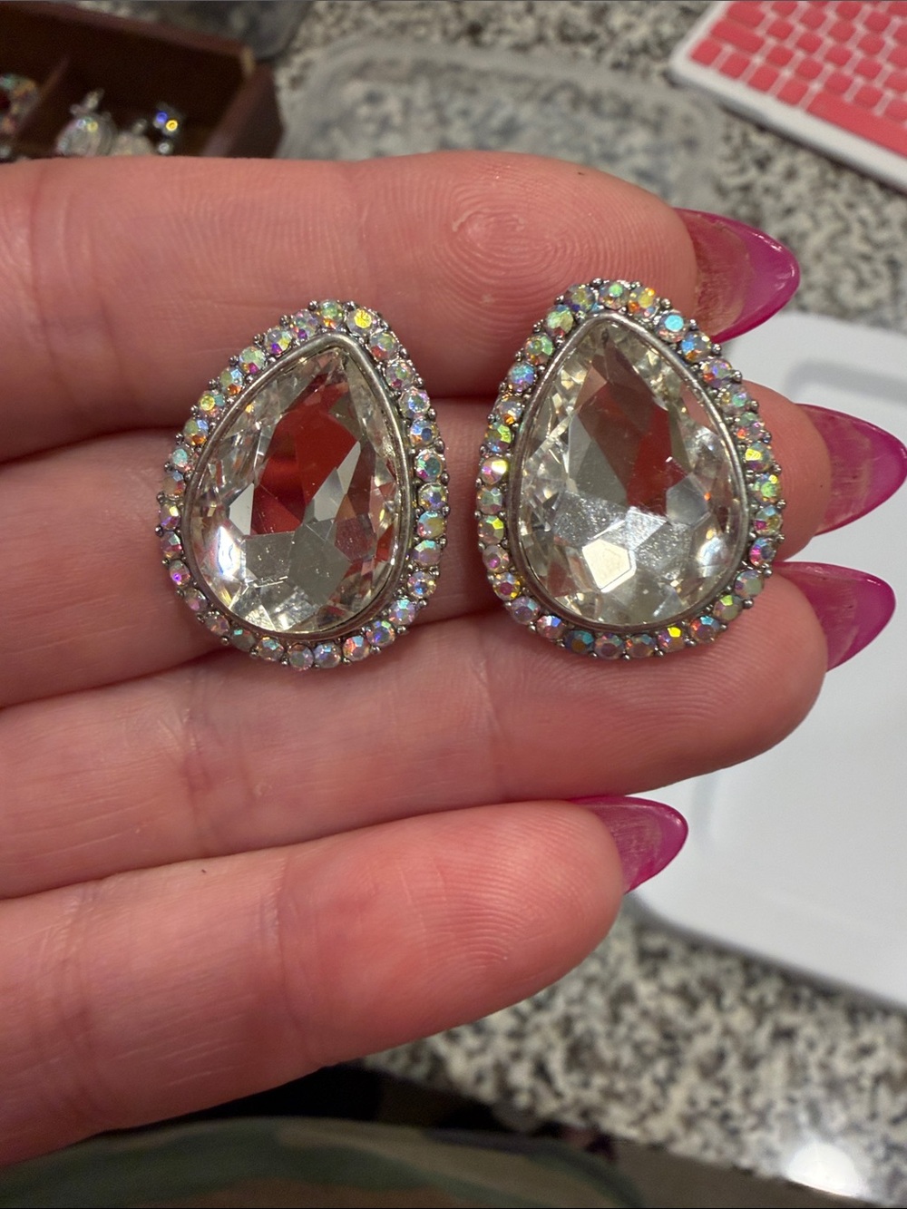 Crystal Teardrop Stud Earrings with Aurora Borealis Halo - Clear